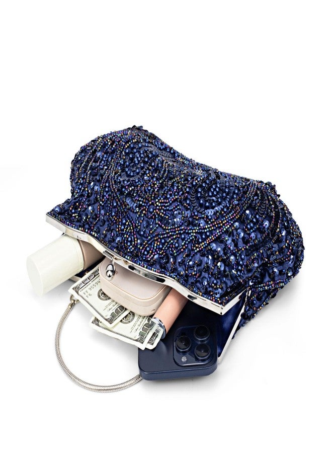 Simcat Beaded Sequin Flower Evening Purse Large Clutch Bag (Dark Blue) - Image 3